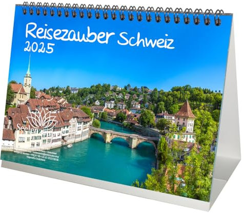 Reisezauber Schweiz DIN A5 Tischkalender für 2025 Zürich Basel Bern - Inhalt: 1x Kalender 1x Weihnachtsanhänger 1x Grußanhänger (gesamt 3 Teile)