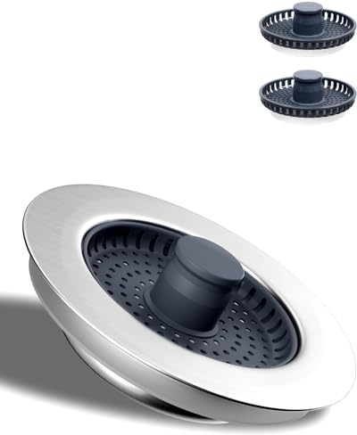 Hibbent Kitchen Sink Plug,Upgraded 3 in 1 Kitchen Sink Strainer and Stopper Combo,with 2 Strainers, Stainless Steel,Anti-Clogging,Kitchen Sink Strainer Plug,and Prevent Odors-Sinks Depth > 22mm