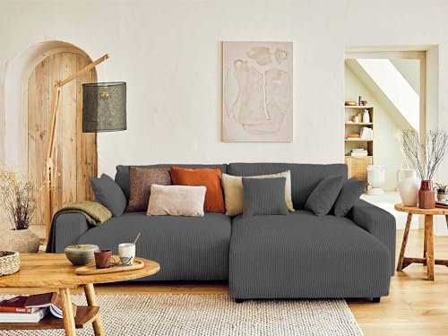 Lisa Design Pivoine – Ecksofa beidseitig montierbar– 4-Sitzer– Schlaffunktion mit Bettkasten – aus Cord Dunkelgrau