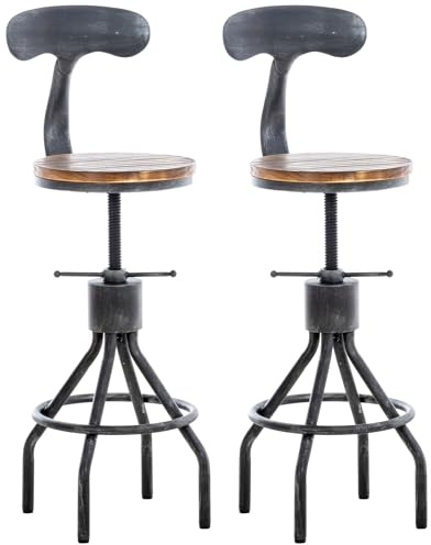 CLP 2er Set Barhocker Hanam Im Industrial-Design I Höhenverstellbarer Metall Barstuhl Mit Holzsitz Und Rückenlehne Farbe antik Silber