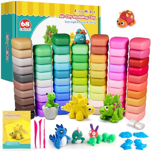 FairyMaker Modelliermasse Lufttrocknend - 68 Farben Knete Set für Kinder, DIY Bastelset mit 3 Werkzeugen, 4 Dinosaurier-Formen, 7 Beuteln, Anleitungsbuch, Geschenk für Jungen und Mädchen ab 6 Jahren