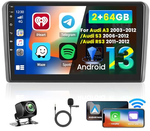 Inefala 2+64GB Android Radio para Audi A3 S3 RS3 2003-2012 Soporta inalámbrico CarPlay Android Auto, 9 Pulgadas Pantalla Radio con Bluetooth Mirror Link WiFi GPS DSP AHD Cámara de Visión Trasera