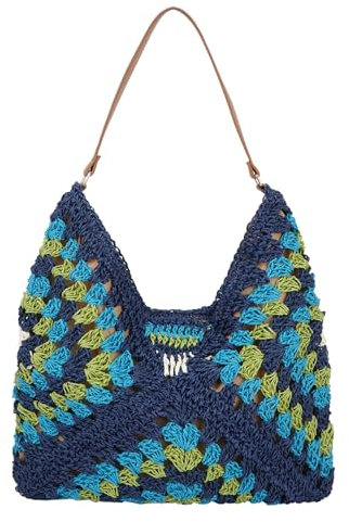 LA HUATE Sac à main en coton tissé décontracté pour l'été, la plage, sac à bandoulière fait à la main, 6797 Bleu