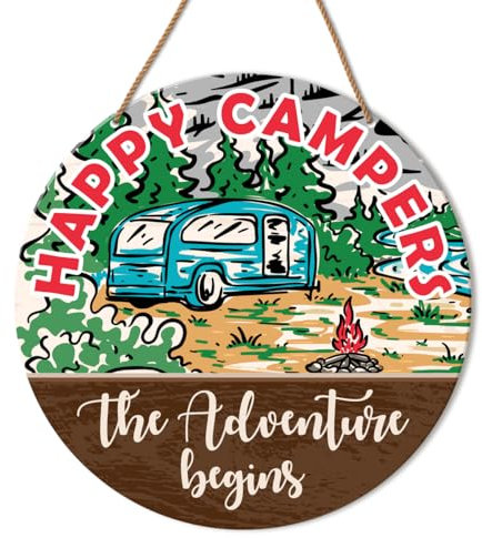 Camping Wall Decor Signs, Camping Signs for Campers Campsite Inside Cabin Camp Hanging Sign Decor RV Motorhome Accessories Decorations Gift for Camper Camping Lover, Happy Camper The Adventure Begins
