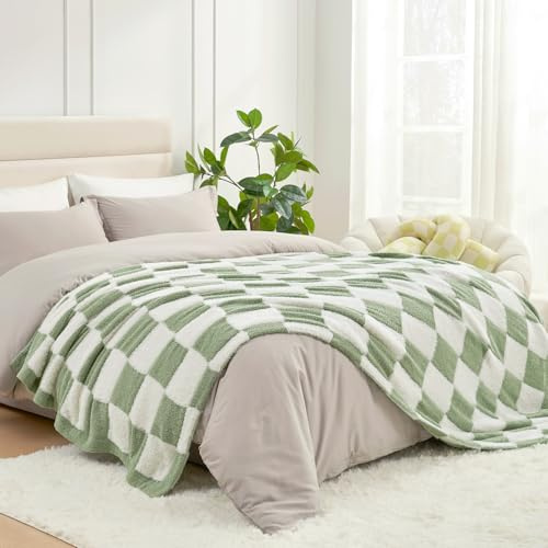 Snuggle Sac Karierte Decke aus Kunstfell, Doppelgröße mit weicher gestrickter Mikrofaser, gemütlich, weich, warm, Decke für Sofa, Schlafzimmer, Wohnzimmer, Salbeigrün kariert, 152,4 x 203,2 cm