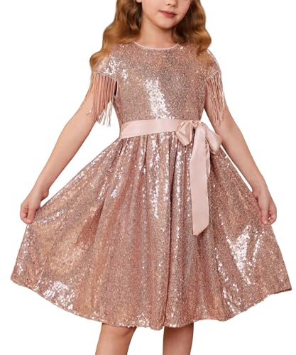 GRACE KARIN Robe de Soirée à Paillettes pour Filles avec Nœud Papillon Manches Courtes Col Rond Coupe en A Rose 5-6 Ans