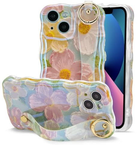 QLTYPRI for iPhone 13 Case with Strap, Laser Colorful Oil Painting Flower Pattern Cute Curly Wave Frame Exquisite Phone Case for Girls Women, Shockproof Protective Phone Cover- Green