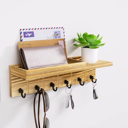 HapiRm Key Holder for Wall - Wooden Key Hooks Wall Mounted with 6 Hooks, Key Rack with Storage Shelf for Mail, Phone, Small Decor, Ideal for Entryway, Office, and Hallway