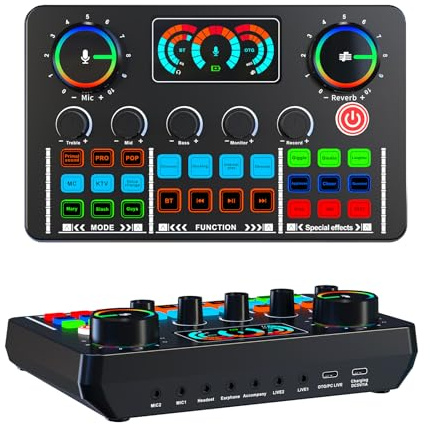 Audio Interface, Gaming Audio Mixers, RGB Audio Mixer, Digital Streaming Audio Mixer, Professional PC Live Sound Card, Bluetooth Sound Mixer Board for Podcasting, Recording, Singing, Gaming (Schwarz)