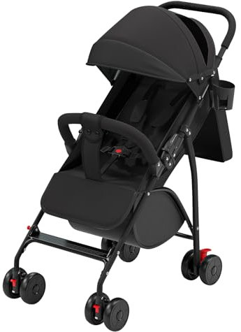Buggy für Babys, ultraleicht, kompakt, faltbar und neigbar, von Geburt bis 25 kg, mit Trolley-System, Regenschutz inklusive, ausziehbarer Haube, C-schwarz