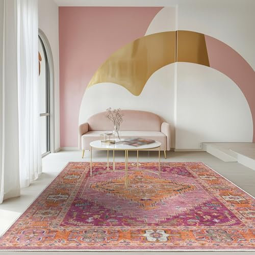 Taidianolp Teppich Wohnzimmer Deko,Mehrfarbig Vintage Blumen Fuchsia Pink Orange,Fuchsia, 80 x 150 cm,Waschbarer Kurzflor Teppiche Küche Schlafzimmer Teppichläufer