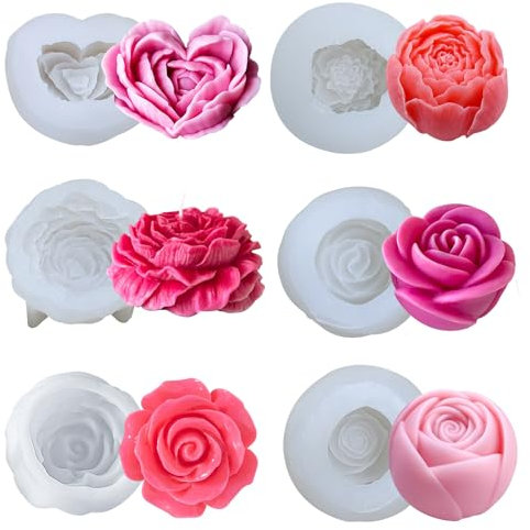 Bougies moules en silicone Lot de 6 en forme de fleur 3D pour fabrication de savon, bougies, gâteaux, bonbons, pâtisserie, dessert DIY Superbe Cadeau Fait à la Main