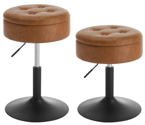 WOLTU Dressing Table Stools Set of 2, Swivel Round Makeup Stools with Storage for Vanity Dining Room Kitchen Office Salon, Faux Leather, Brown