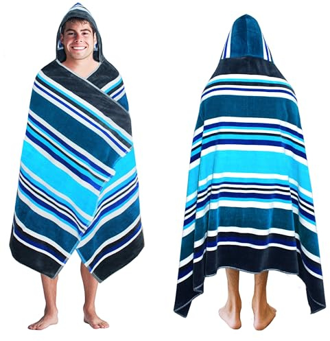 COTTON CRAFT Hooded Beach Towel – Oversized 39 x 68 Towel with Hood for Adults - 100% Ringspun Cotton Velour Terry Towel Stripe Bath Wrap - Super Soft Plush Absorbent Quick Dry – 450 GSM – Cancun Blue