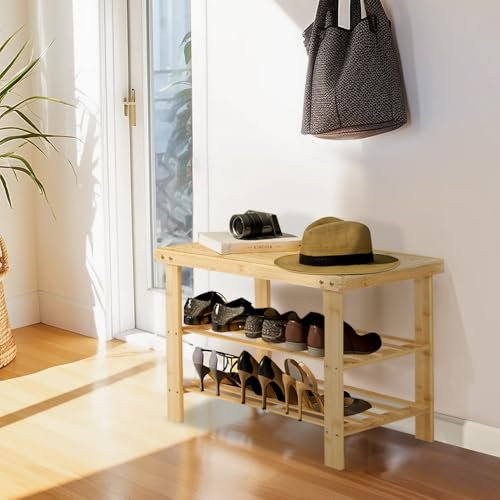 Warmiehomy Shoe Rack Bench, 3 Tier Shoe Storage Organiser Shelf with Seat for Entryway Hallway Living Room Bedroom, Office, Natural