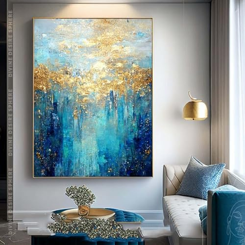 JACBON Toile décorative abstraite bleu foncé et doré brillant, 70 x 100 cm, avec cadre doré.