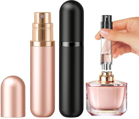 JOOMOKO Perfume Atomiser Perfume Travel Bottle 5ml Atomiser Spray Bottle | Refillable & Travel Size Perfume Bottle Easy to Refill Cologne Dispenser for Women Men (Black＆Rose Gold)
