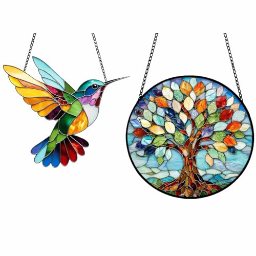 THXFUNAREA Attrape-Soleil Coloré 2 Pièces pour Fenêtre – Suspension Décorative Colibri Vitrail et Arbre de Vie Rond, Décoration Lumineuse pour Maison, Salon, Jardin et Balcon
