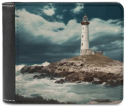 FWJZDSP Lighthouse Seaside Herren-Geldbörse, großes Fassungsvermögen, schlankes Leder-Geldbörsen-Kartenetui mit Ausweisfenster, zweifach faltbar für den täglichen Gebrauch