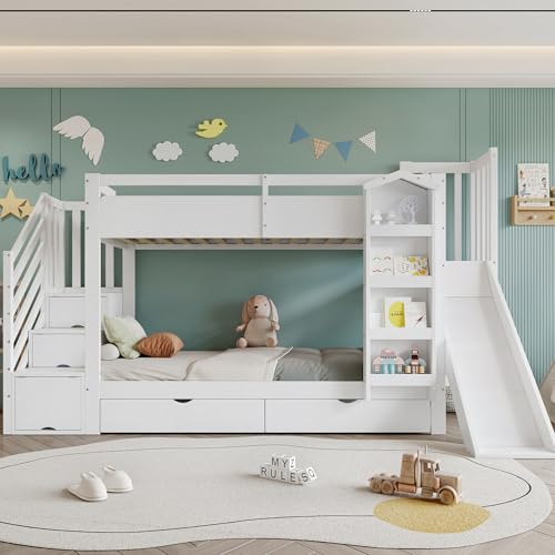 Soweiz Letto a castello, letto per bambini, con scaffale per libri, due cassetti su ruote e scivolo per bambini, 90 x 200 cm (bianco A)