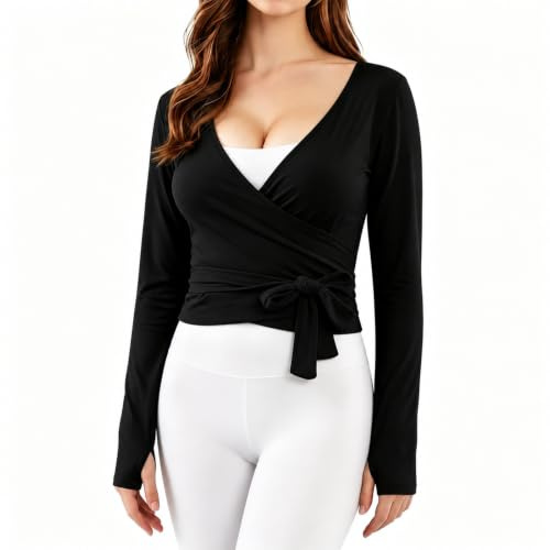 Baisdan Women Pilates Wrap Top Long Sleeve Thumb Hole Ballet Yoga Top | Thumb Holes Bolero Shrug, Deep V Neck Tie Front, Y2K Cover up Top, Fits Yoga Ballet Top & Pilates Outfits Women Set