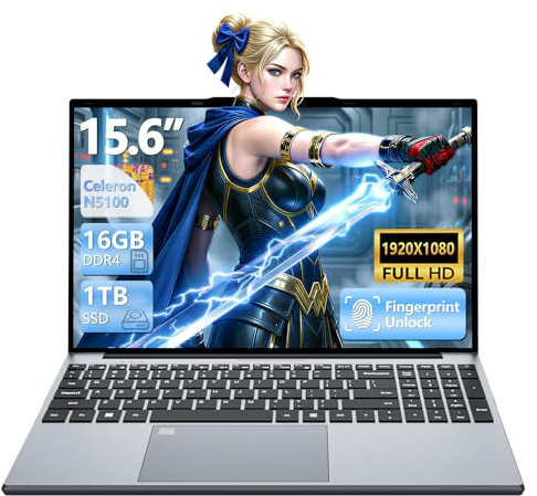 15,6 Pollici Portatile PC Celeron N5100, Notebook 16 GB DDR4 RAM SSD 1 TB, Laptop con sblocco tramite impronta digitale, tastiera retroilluminata, USB 3.0, Wi-Fi 5, Mini HDMI Computer portatile