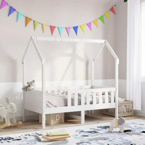 YunCangg Kinderbett Hausbett Weiß 70x140 cm Massivholz Kiefer mit Lattenrost und Stauraum, stabiles Kinderbettgestell für Jungen und Mädchen, Robustes Holzrahmenbett für sicheren Schlaf und Spielspaß