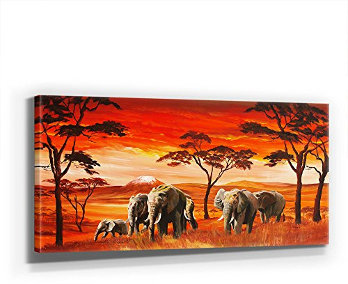 ELEFANTENPFAD - SONNENUNTERGANG AFRIKA TIERE - KUNST - XXL 110x50cm, Leinwand auf Holzrahmen aufgespannt, UV-stabil und wasserfest, XXL Deko Bild abstrakt FineArtPrint Wandbild