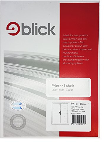 Blick Labels, White, 4 Per Sheet 100 Sheets, Rectangular, 99.1mm x 139mm, 400 Labels, for Home, Office, Family, School