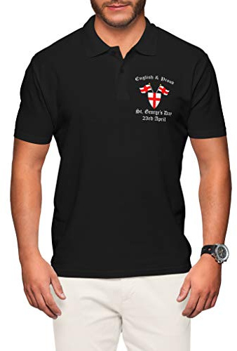 English and Proud Poloshirt – St. Georges Day 23. April – Herren-Poloshirt mit gesticktem England-Abzeichen, Baumwollkragen, Schwarz , M