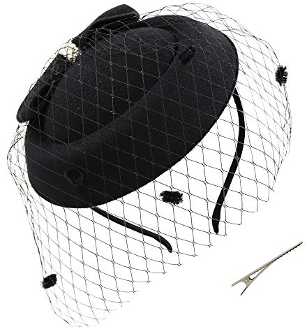 Umeepar Damen Bowknot Pillbox Fascinator Hut Hochzeit Tea Party Hüte mit Schleier Stirnband Clip (Schwarz)