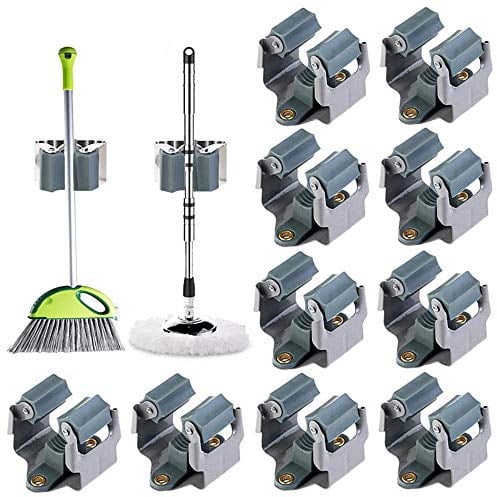 Xhtol Mop Broom Holder, 10 Pack Heavy Duty Mop Holder Wall Mounted Clips Hangers Broom Storage Rack Hooks Tidy Clamp Organizer Tool for Closet Kitchen Garden Garage Bathroom Office, Gray