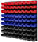 PAFEN Wandregal Stapelboxen - 772 x 780 mm – 81 Stück Boxen Werkstatt Lagersystem Schüttenregal (Rot/Blau/Schwarz)