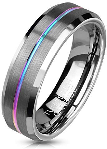 Paula & Fritz® Ring Damen Wolframcarbid Gebürstet Gr. 52 (16,6) Silber-Regenbogen 6-mm Breit Herren-Ring Partnerring Damenring Verlobungsring Ehering