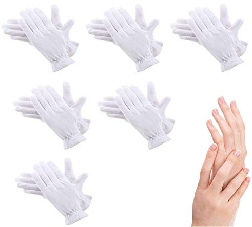 100% Cotton Gloves for Eczema,6 Pairs White Cotton Moisturizing Gloves Over Night Bedtime | Cosmetic Inspection Premium Cloth Quality | Dry Sensitive Irritated Skin Spa Therapy Secure Wristband