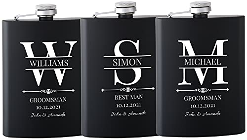 Flasques a Alcool Personnalisés, 3 Pièces Flasques Whisky Inox 304 8oz/227ml Personnalisables, Cadeaux Personnalisés Homme avec Texte pour Témoins du Marié Groomsman, Cadeau de Mariage (Noir)