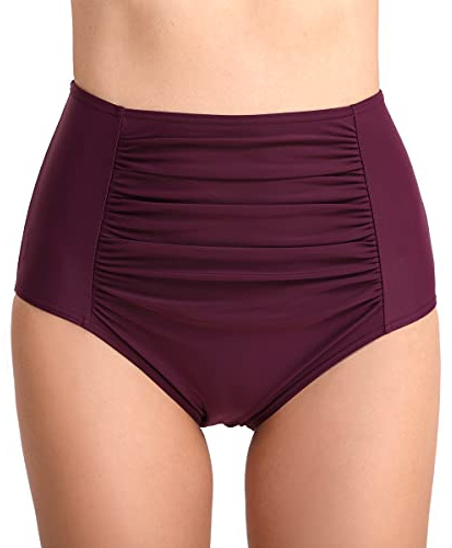 Womens High Waisted Bikini Bottoms Retro Ruched Front Swim Briefs Purple,S