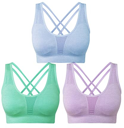 SEGRILA Damen Sport BH Set Ohne Bügel Kreuz Rücken Yoga Bustier Gepolsterter (Blau,Lila,Grün M)