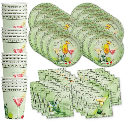 Classy Cocktails Party Supplies Set - Happy Hour Plates, Napkins & Margarita Cups - Pool & Beach Party Tableware Kit for 16