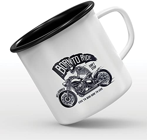 Mygoodprice MUG tasse émaillée au motif Born to Ride squelette moto drapeau