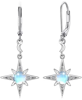 Moonstone Earrings Women 925 Sterling Silver Star Earrings Moonstone Drop Earrings Rainbow Moonstone Jewellery for Women Daughter Girls (Moon Drop Ear