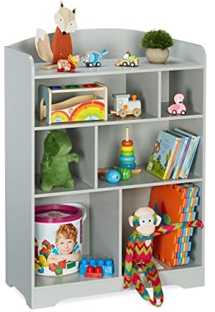 Relaxdays Kinderregal, HxBxT: 100 x 71,5 x 34 cm, 7 Fächer, MDF, Aufbewahrungsregal Kinderzimmer, Spielzeugregal, grau
