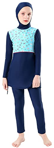 FYMNSI Kinder Mädchen Muslimischen Badeanzug Burkini Modest Islamischen Ganzkörper Full Cover Langarm Top Hose 2er Set Wassersport Surfen Outfit Bademode Schwimmanzug Muslim Swimwear Blau 11-12 Jahre