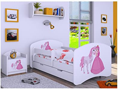 BDW Kinderbett mit Matratze und Bettkasten - NEU, 140/160/180/190 Verschiedene Motive Für Junge Weiß (Prinzessin mit Pferd, 140x70)