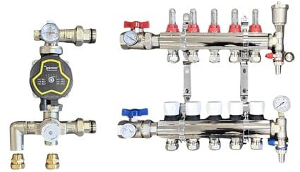 Wärmer System 5 Port Underfloor Heating Manifold with 'A' Rated Auto Pump GPA25-6 III and Blending Valve Set