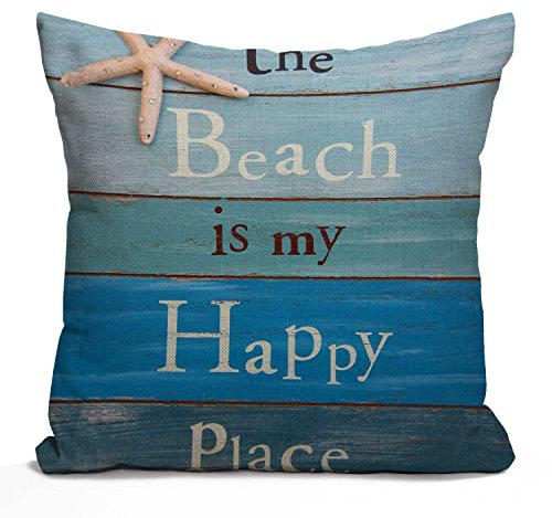 Tomda Cushion Cover The Beach Starfish and Summer is My Happy Place Rhinestone Decorative Throw Pillow Cover Home Decor Square 45x45cm 18x18 Inch Pillowcases