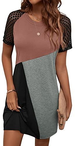 GORGLITTER Damen T-Shirt Kleid Farbblock Casual Freizeitkleid Spitzen Raglanärmeln Tunika Sommerkleid Schwarz und Rosa M