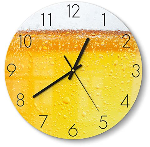 DEQORI Glasuhr | rund Ø 30 cm | Motiv Bier mit Schaumkrone | ausgefallene leise Design Uhr aus Glas | Wanduhr für Wohnzimmer & Küche | moderne Hingucker Uhr für die Wand