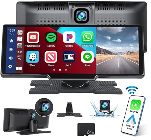 CAMECHO 9.3 Zoll Wireless Car Stereo Screen für CarPlay & Android Auto Tragbares Autoradio mit Dashcam Vorne, 9.3 Zoll Touchscreen Drahtlosem Carplay mit Siri/Bluetooth/FM Transmitter/AUX/64G SD-Karte