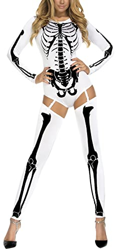 Damen Halloween Karneval Kostüm 3D Skelett Rose Langarm Overall Ganzkörperanzug Cosplay Bodysuit Mädchen Stehkragen Rücken Zip Outfits Bodycon